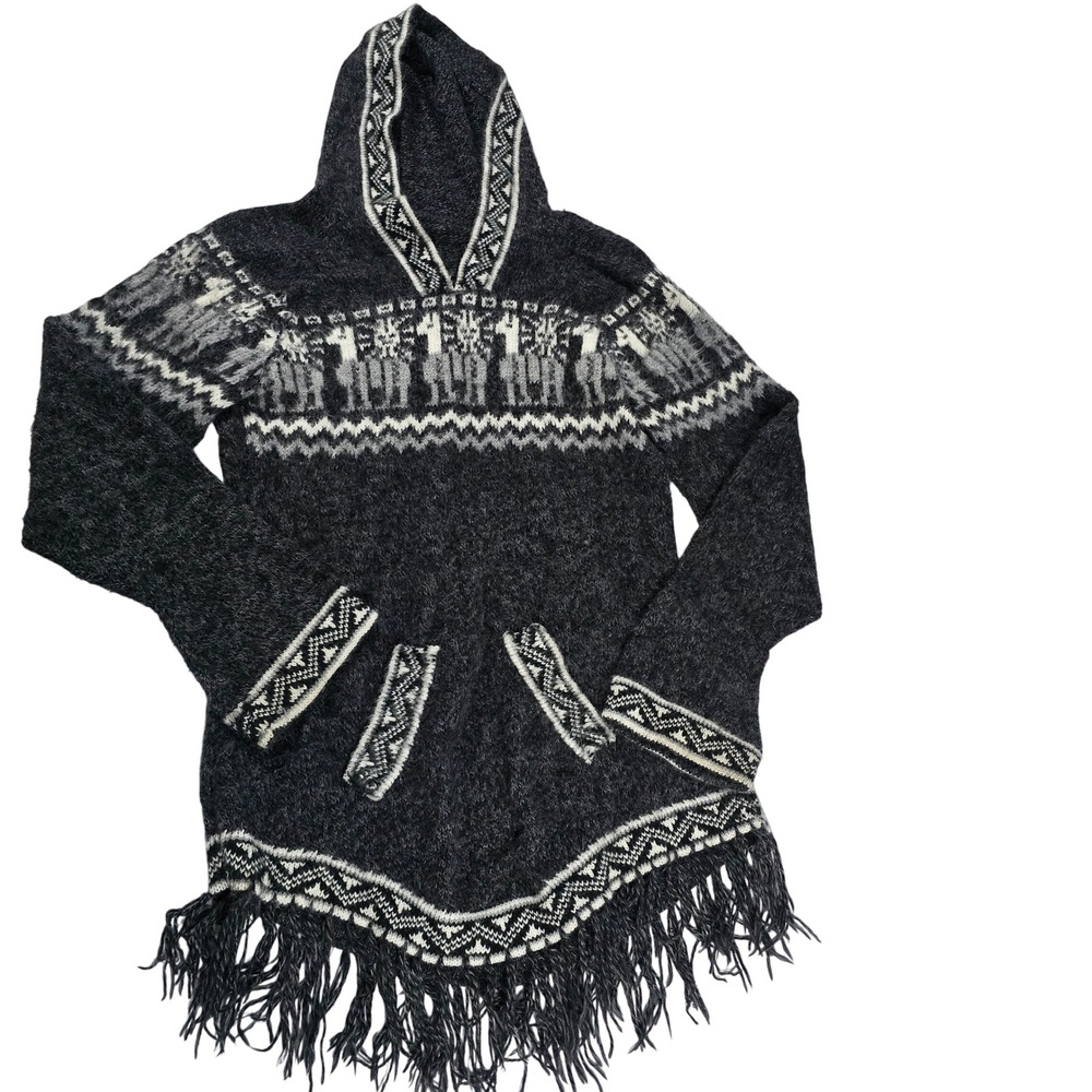 Alpaca Made in Peru Llama Fair Isle Fringe Hoodie Sweater Charcoal Grey Women